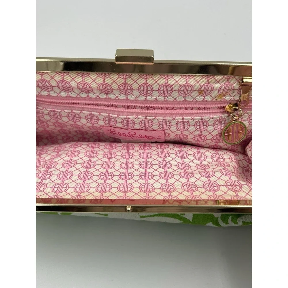 Vintage Lilly Pulitzer Clutch green & white floral print gold-tone metal frame